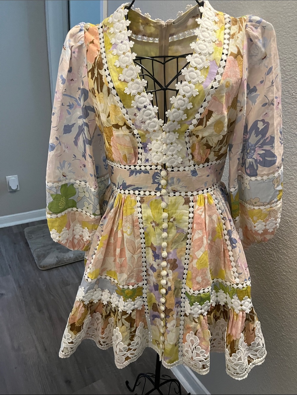 Zimmermann Pastel Floral Lace-Trim Mini Dress